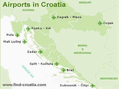 6. AIRPORTS There are international airports in the main cities of Croatia like Zagreb, Zadar, Split, Dubrovnik and Rijeka (on the island of Krk).