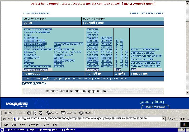 Go! Step 1 Quick Search Note the number of sailings. This area provides instructions for a Quick Search. It shows how many sailings are available after each selection.