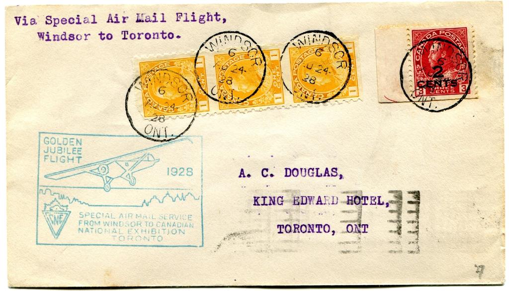 Figure 3 - Special Flight from Windsor to the C.N.E. in Toronto: franked 5 cents to get the souvenir cachet.