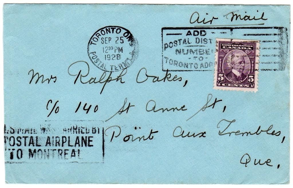Figure 4: Postmarked QUEBEC SEP 24 1928, carried by surface routes to Montreal, BY POSTAL AIRPLANE from Montreal to Toronto, and then by surface routes to Waterloo.