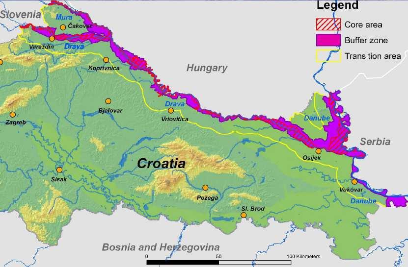 KAZALO Temeljna zona Prijelazna zona Tranzicijska zona Slika 3. Predloženi Rezervat Biosfere «Mura-Drava-Dunav» (izvor: Državni zavod za zaštitu prirode 2008) 6.
