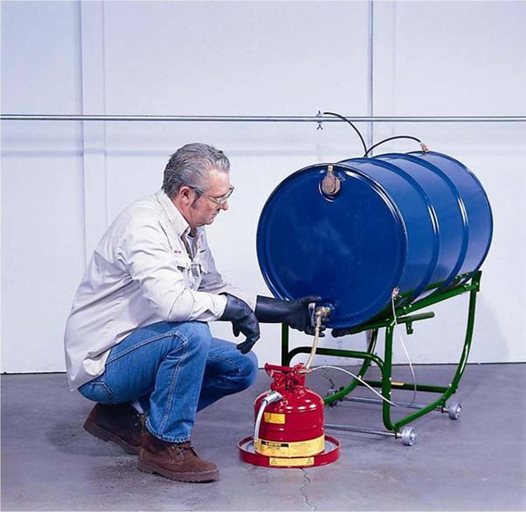 Use proper drum handling equipment when transferring flammables from larger to smaller containers Grounding