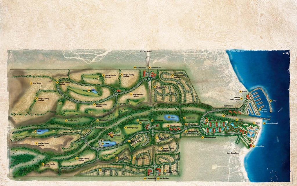 Master Plan Misión de Cortés is a development that converges the best of several ecosystems, providing pleasant views from the golf course and flora proliferation. 1.- Condominums 2.- Beach Club 3.