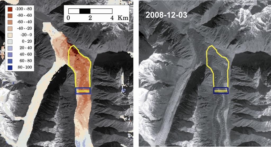Figure S1: Elevation changes (m) and satellite image of the lower Khurdopin Glacier, a surge-type glacier in a quiescent phase during 2000-2008.