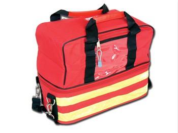 2 section first-aid bag with double opening zip: bottom side with shockproof inner basin, upper side with 4 removable coloured pouches (model E1) with transparent window.