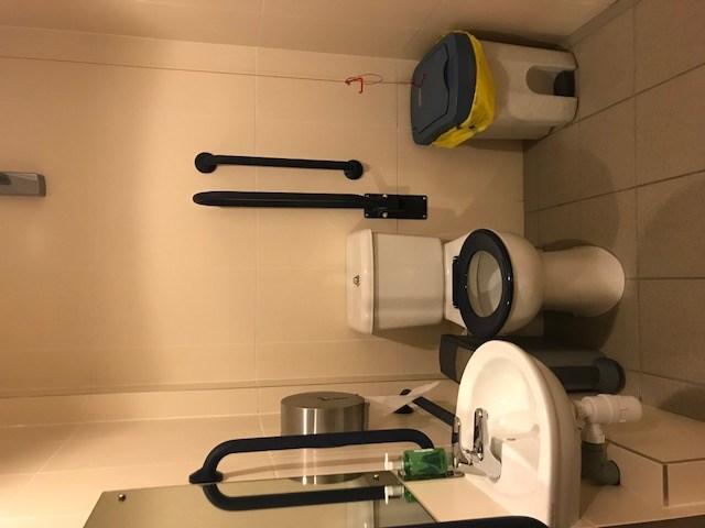 The height of the WC from floor to seat is 19". There is a grab rail (when facing the WC) to the left of the toilet.