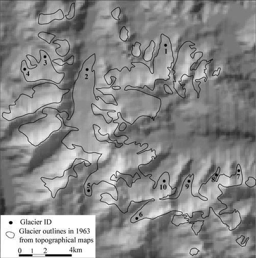 Li and others: Glacier change in the middle Chinese Tien Shan 427 Fig. 2. Sub-areas of the Chinese Tien Shan. distribution of glaciers over the study area.