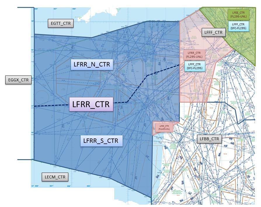 One should note that an airspace delegation exists between the Paris FIR and the Brest FIR, which corresponds to the pink zone in the figure below and is defined within the LoA between the two FIR.