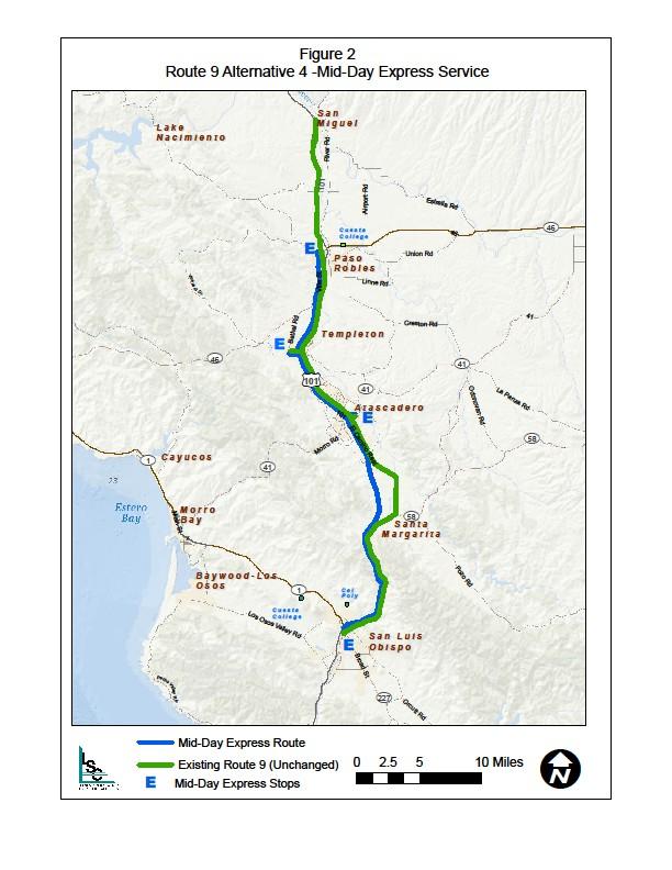 Rt 9: Midday Express Service from Paso Robles to San Luis Obispo Fourth Mid-Day Bus Operating every 2 hours Annual Ridership: + 25,900 Annual Subsidy: + $252,400 Reduces travel time between key