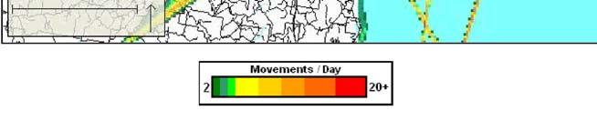 The colour coding from green to red represents the range of 2 overflights per day to 20 and above per day over
