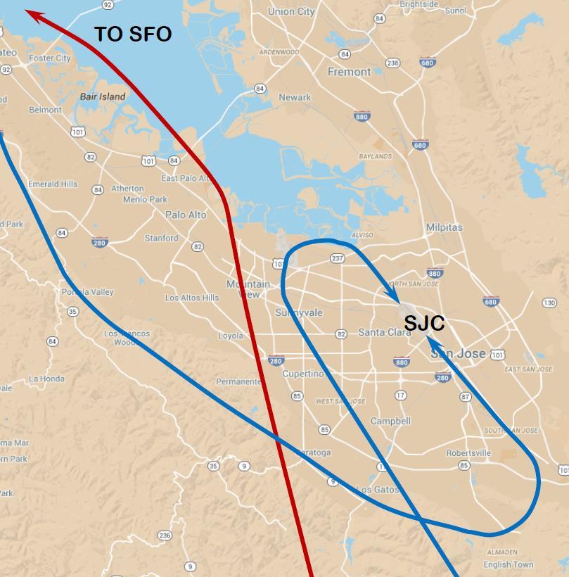 The blue lines indicate the approximate path for arrivals into SJC whereas the red line indicates the approximate path for arrivals into SFO. Ultimately, these paths can change as directed by the FAA.