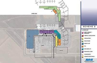 Figure 4-2 Scheme 2 - Lineal Expansion East, Single Roadway Features Scheme 2 is a new concept that features a reutilization of the existing terminal building for baggage claim and constructing new