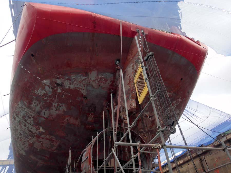 Condition of the hull of HMS Protector prior to Ecospeed application. Who protects the Protector?