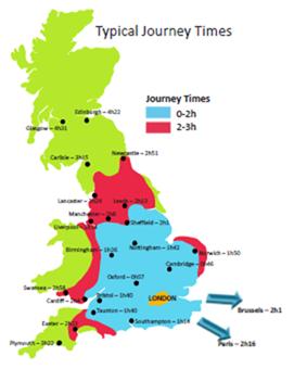 Source* South West spine report 2014 -Arrivals and journey times into the regions from London The South West has poor earliest arrival and average journey times from London compared to many