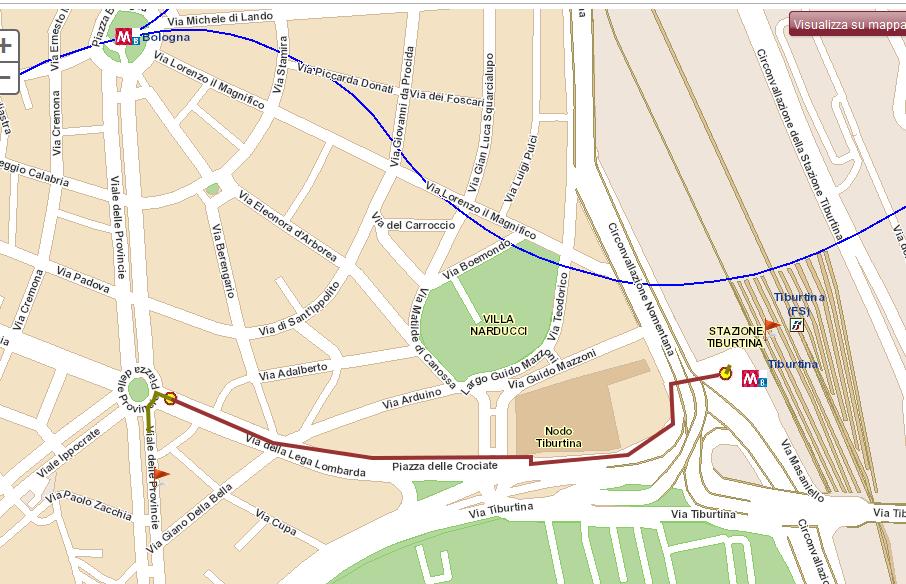 From Tiburtina train station (bus terminal): Take bus n 490, 491, 495. Get off at LEGA LOMBARDA/PROVINCIE (yellow point on map). Turn left on Viale delle Provincie (it is a 5 minute walk).