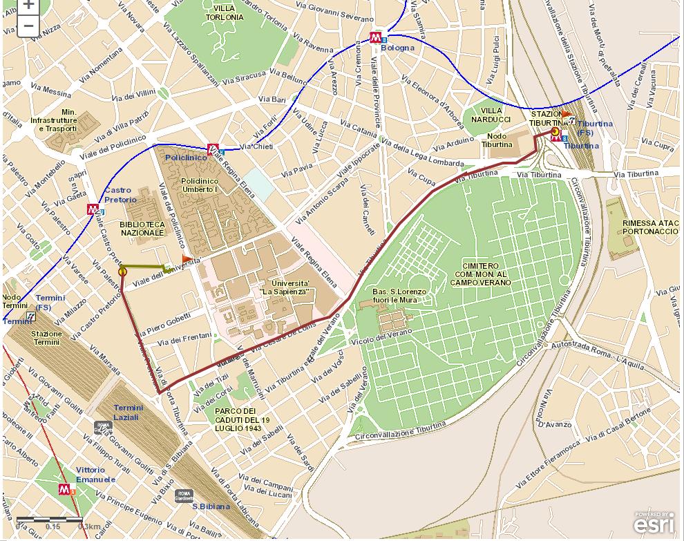 From Tiburtina train station (bus terminal): Take bus n 492 for 9 stops. Get off at CASTRO PRETORIO/MONZAMBANO stop (yellow point on map).