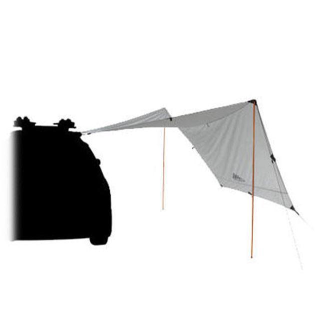 This minimalist tarp is an 8x10 ft rectangular made from waterproof nylon.
