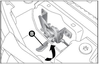 91 UPOZORENJE Ako potporna šipka nije dobro pozicionirana, poklopac motora može pasti. UPOZORENJE Koristite obje ruke za podizanje poklopca motora.