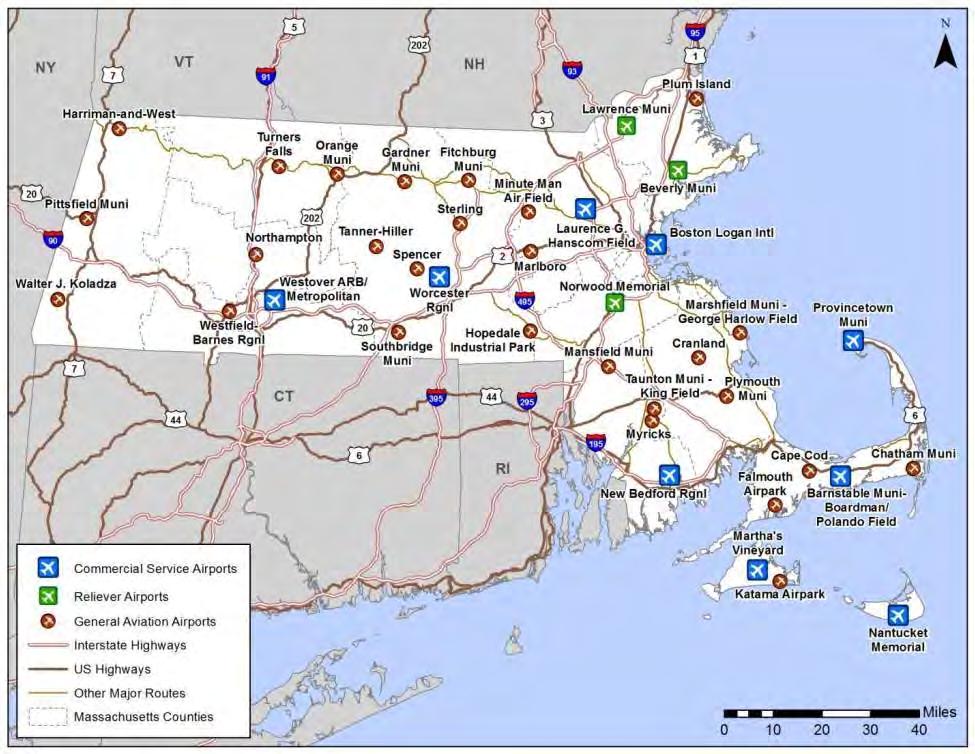 Figure 1-1: Massachusetts Airports Included in Economic Impact Analysis Source: CDM Smith In 2013, Massachusetts system of public-use airports was comprised of nine commercial service and 30 general