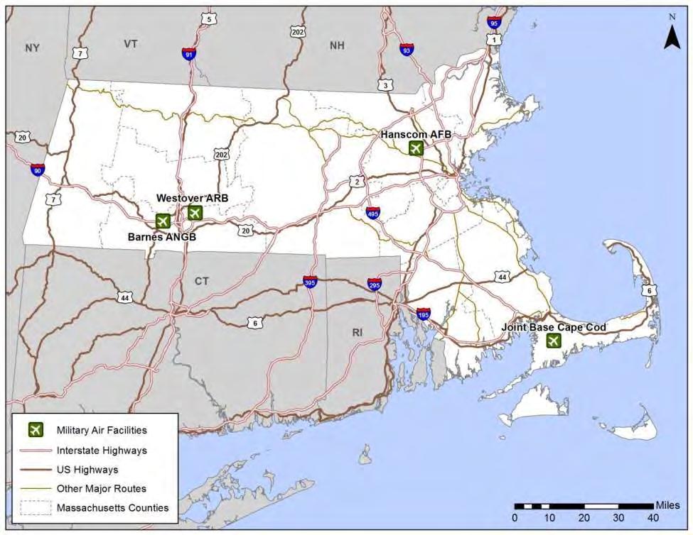Figure C-1: Massachusetts Military Air Facilities Source: CDM Smith BASE BACKGROUND INFORMATION To provide context for the economic impacts presented in this appendix, it is helpful to first provide