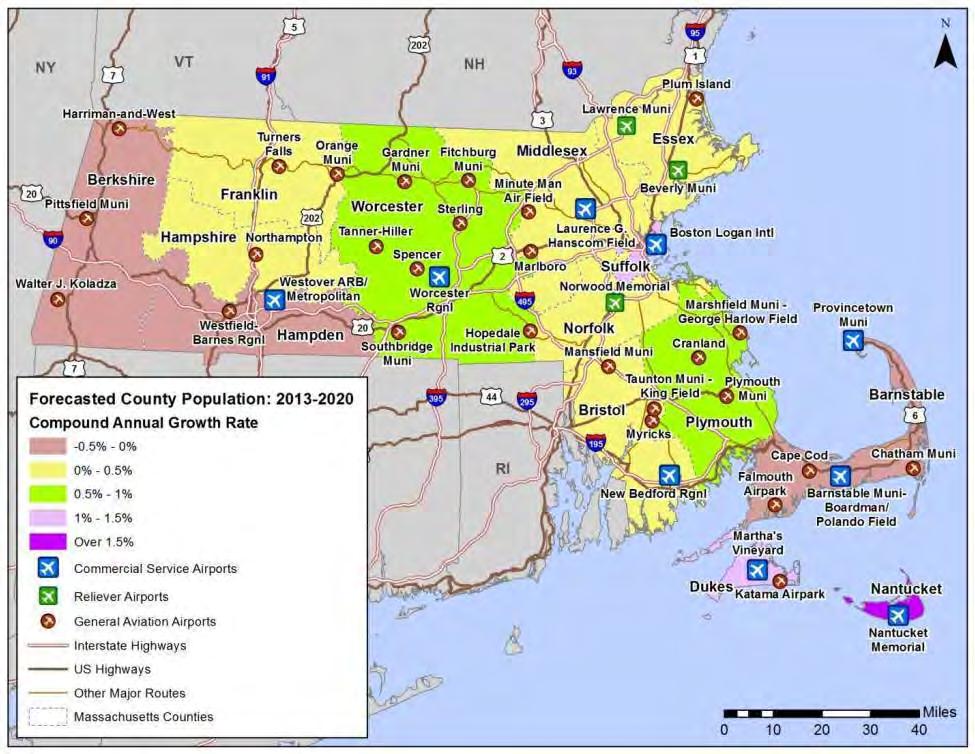 As shown in Figure 2-2, counties in Massachusetts Cape and Islands region are expected to experience the highest growth rates.