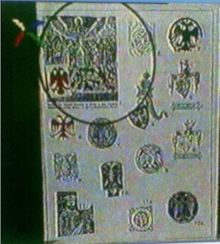 Eно, тамо је из Немачке историје, горе она чувена слика из Псалтира, то је директно са Готичким потписом, немањина породица. Ту је Немањин, грб ту је Душанов грб,ту је.