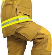 with thumb hole Enhanced Mobility Knee in Polymer Coated Aramid ease of movement 32 coat, lower back/shorter front made for movement NFPA style 3 triple trim Uninterrupted Zip-in liner attachment