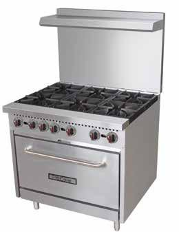 burners w/individual pilot lights Removable cast iron grates w/manual controls Standard oven(s) Adjustable thermostat from 250 F to 550 F Removable crumb tray 24 3 4" high backriser & shelf 6"