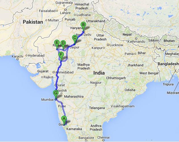 ROUTE MAP Goa (A) - Delhi (B) - Jaipur (C) -