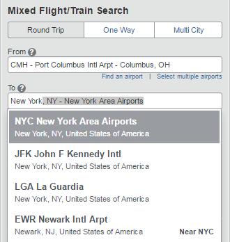 Click the Tab for Mixed Flight/Train Search You can search by Round Trip, One Way or Multi City if needed.