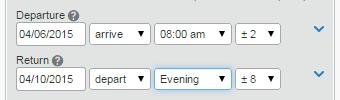 Enter Departure and Arrival Time Selection: This search allows you to specify what time you would like to depart, or what time you would like to arrive for that particular leg.