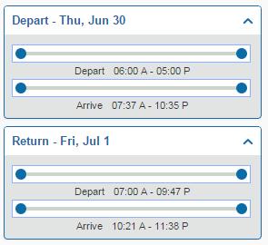 Sliding the Outbound, and Return sliders allows you to limit flights departing and arriving between more specific windows Sliding the Price slider allows you to quickly cap the maximum fare amount