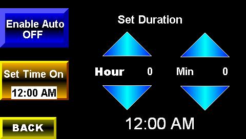 Auto On/Off Mode Screen Takes you back to Manual Mode Screen Set duration time in minutes Set time for when