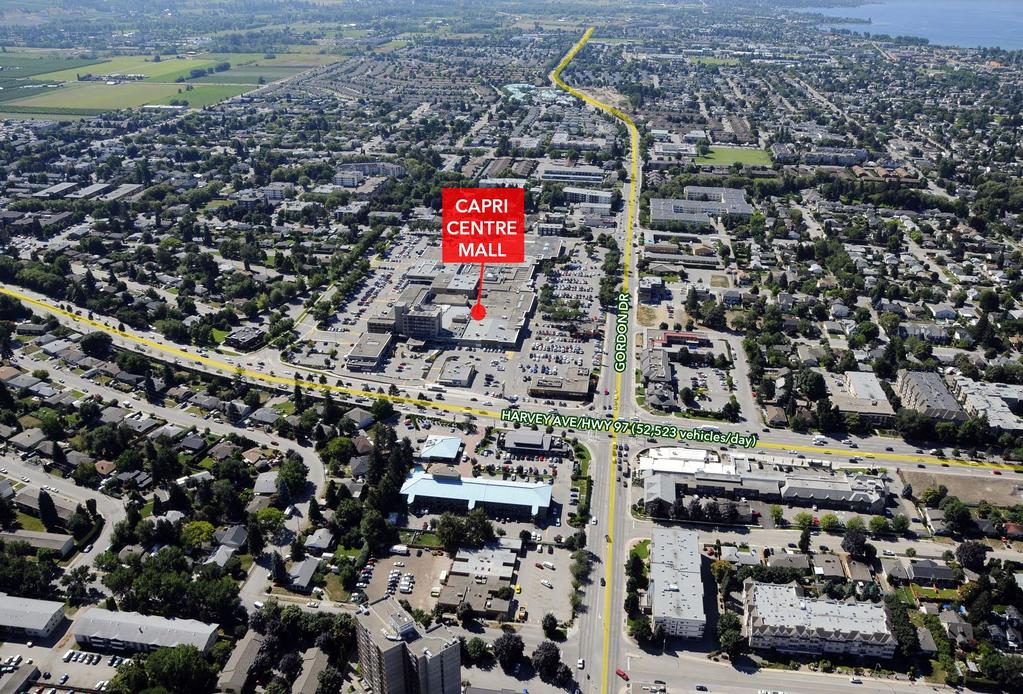 AERIAL MAP Capri Centre Mall offers a high profile location along Harvey Avenue/Highway 97, which sees in excess of 52,523 vehicles/day.