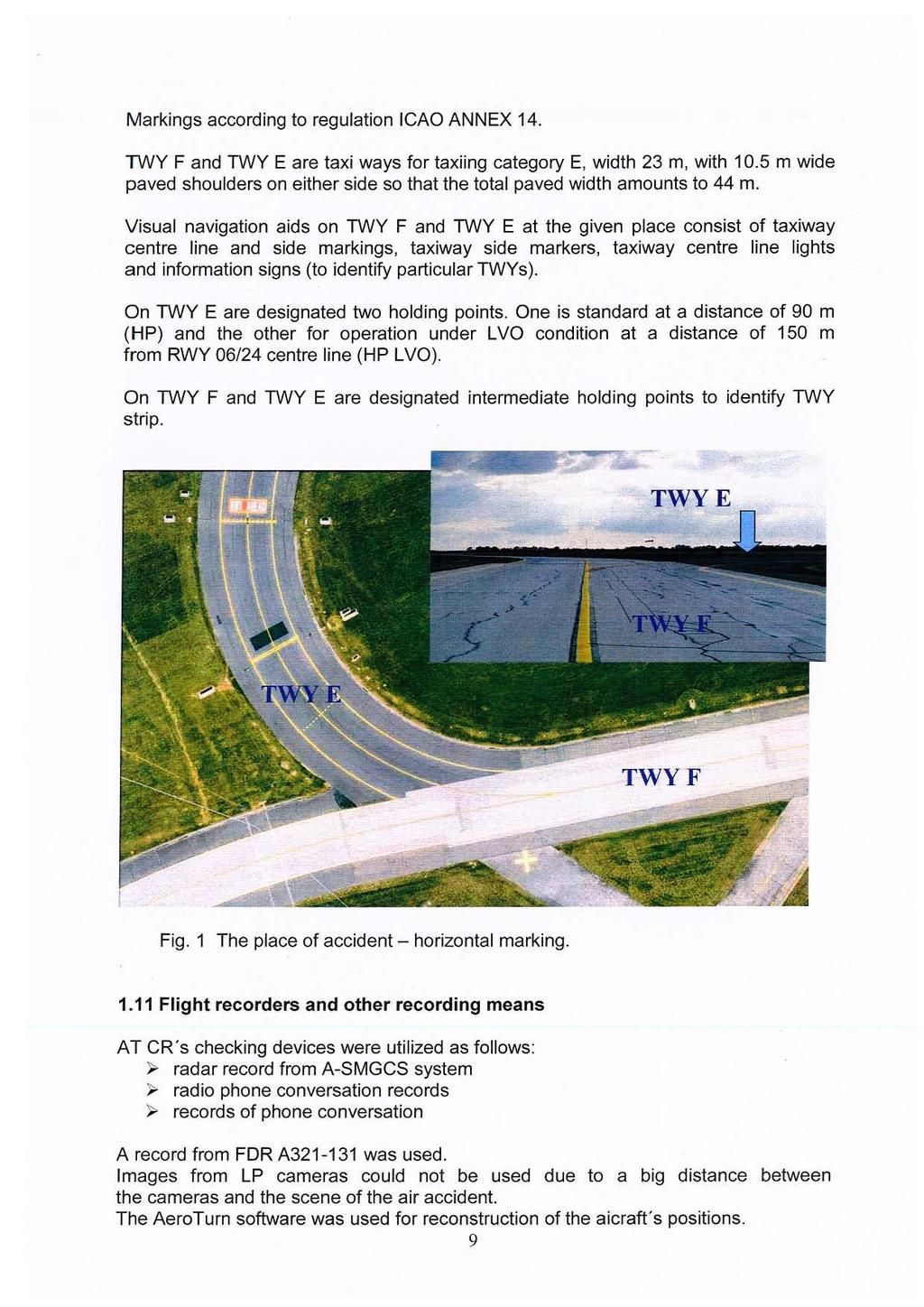 Markings according to regulation ICAO ANNEX 14. TWY F and TWY E are taxi ways for taxiing category E, width 23 m, with 10.