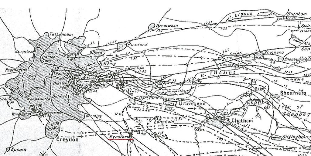 ZEPPELIN R AID ROUTES TOWARDS LONDON Dartford Map of routes taken by planes in a German night raid on London, 31