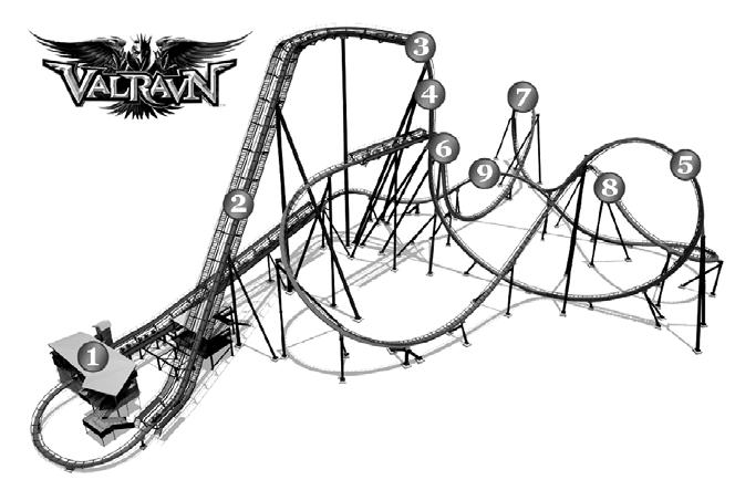 Valravn Ride Data: Length of track: 3,415 Speed: 75 mph max Overall tallest hill: 223' Drop height: 214 Drop angle: 90 Second hill: 131' Ride time: 3:23 Capacity: 1,200 guests / hour Structural: 2.