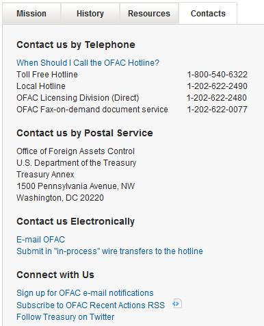 OFAC Hotline Numbers Find OFAC s mailing address