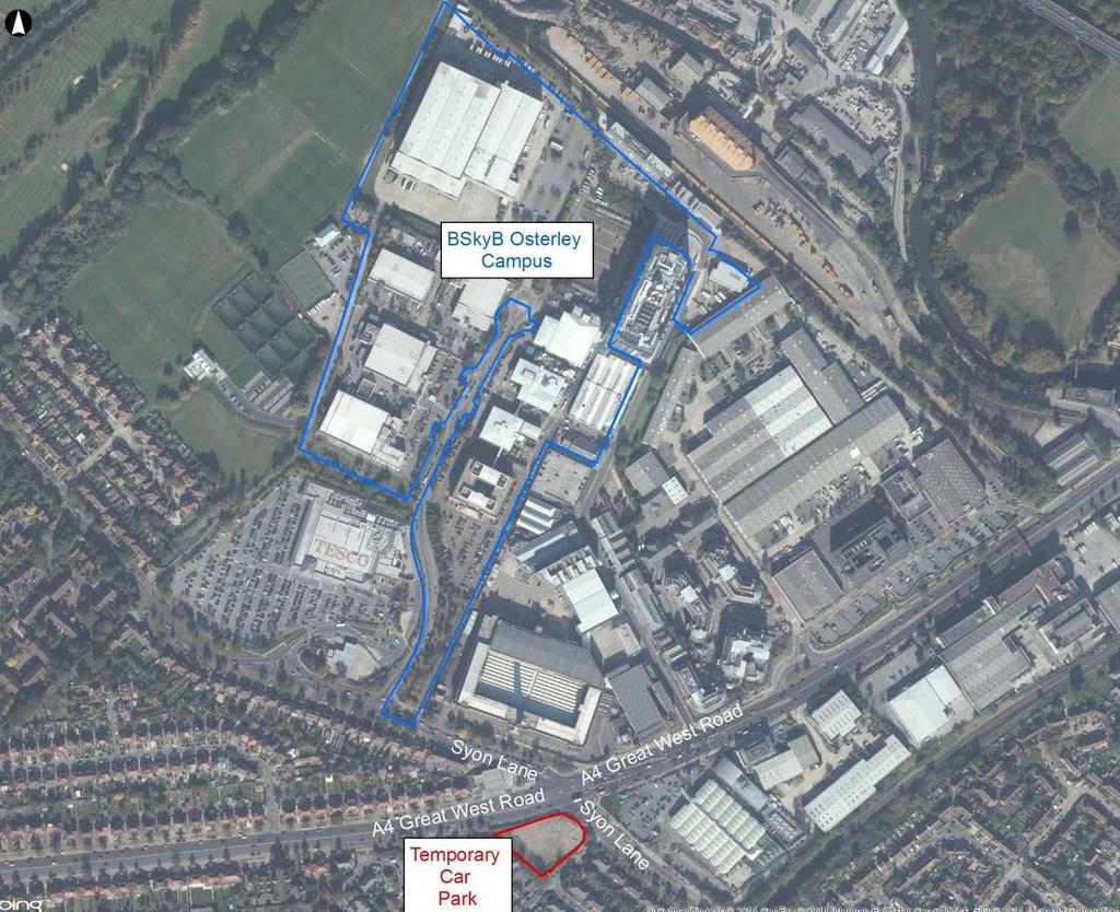 1 Introduction Arup has been appointed by Sky to prepare a to accompany a planning application for a temporary car park on a vacant site to the south-west of the A4 Great West Road/Syon Lane junction.