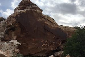 We'll take the short spur trail to a Ute Indian Petroglyph and then walk up gradually sloping slickrock to a small valley surrounded by red rocks on the way to the arch.