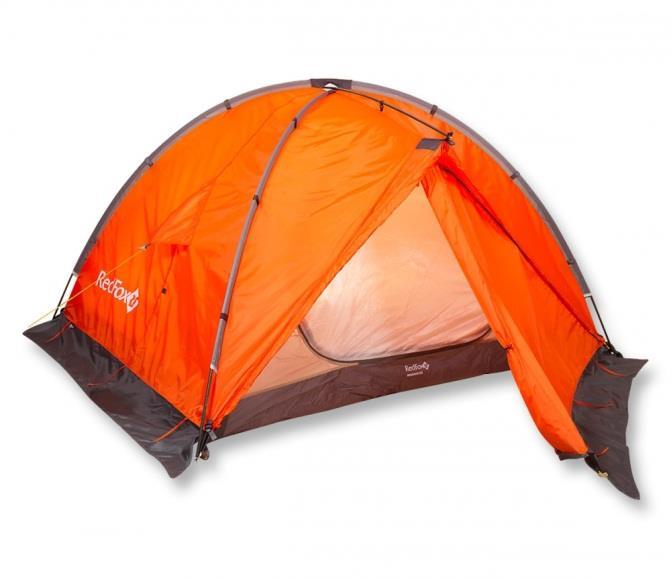 Tent Red Fox Mountain Fox A tent with two entrances and two tambours, at the same time an inner tent and an awning are installed. Due to the additional arc, the volume of the tambours is increased.