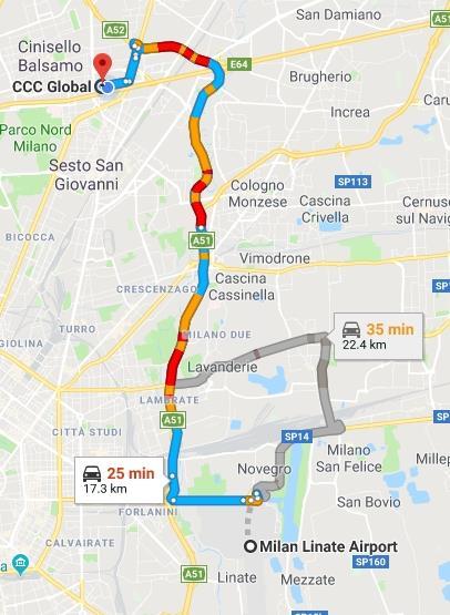 Your trip from Milan Linate Airport to CCC: By car: Get on A51 in Milano from Viale Enrico Forlanini/SP14 Follow A51 and A52 to Cinisello Balsamo Take the exit toward Cinisello B.
