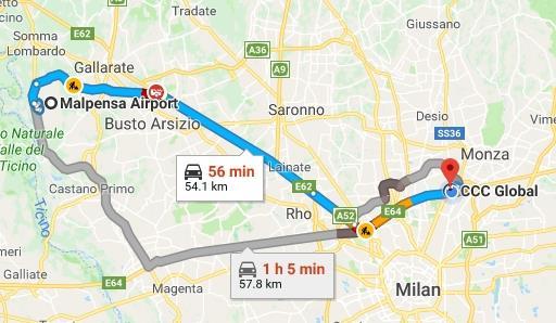 Your trip from Milan Malpensa Airport to CCC: By car: Get on SS336dir Follow SS336, A8 and A4/E64 to Strada Statale 36/Viale Brianza in Cinisello Balsamo Take exit Cinisello B.