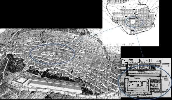 Figure 5. Qyteti i Prienës, plan, rikonstruksion hipotetik dhe Agoraja.