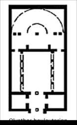 Në ngjashmëri me rastin e Olimpias, salla është e ndarë në dy nefe prej një radhe me kollona dhe ka hyrje nga brinja gjatësore.