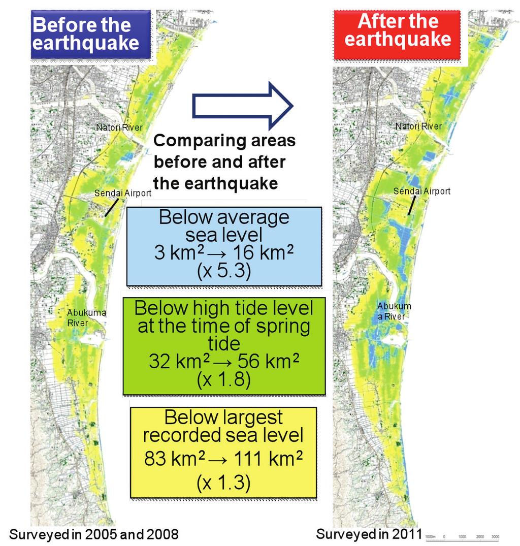 FIGURE 3: Subsidence caused by the earthquake increased inundation risks Source: MLIT.