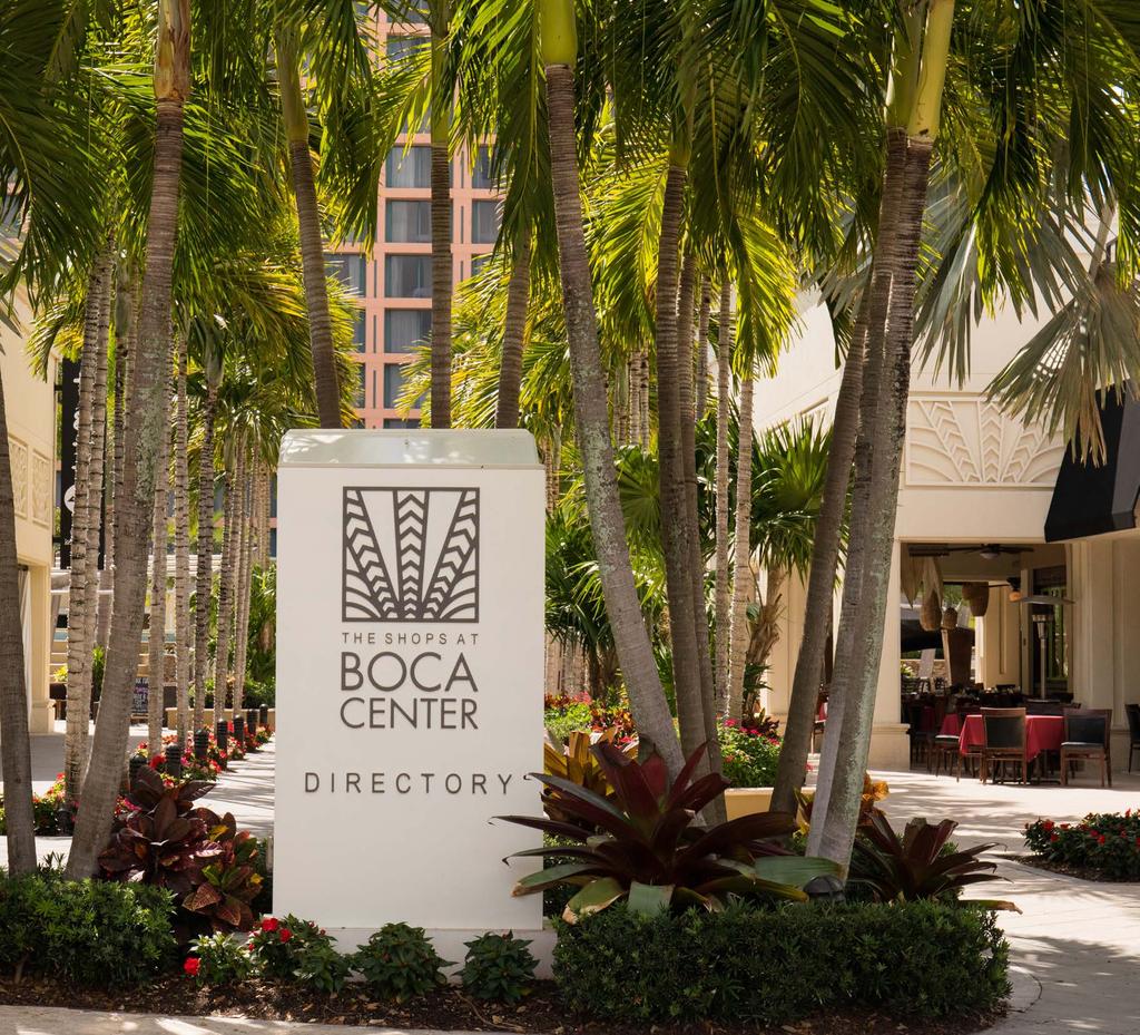 Boca Center is home to retailers uch as Rocco s Tacos, Tap 42, Allen Edmonds, Starbucks, a luxury salon and spa, an office park and a Marriott Hotel. The Center also offers valet parking for visitors.