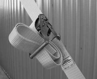 Take the loop strap (B) attached to the tent and pull it through the reel bars slot of the ratchet (ratchet buckle