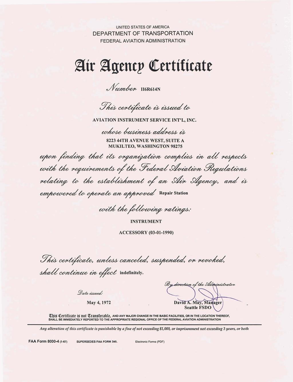 ' UNITED STATES OF AMERICA DEPARTMENT OF TRANSPORTATION FEDERAL AVIATION ADMINISTRATION air ggerrcp Certificate AVIATION INSTRUMENT SERVICE INT'L, INC.