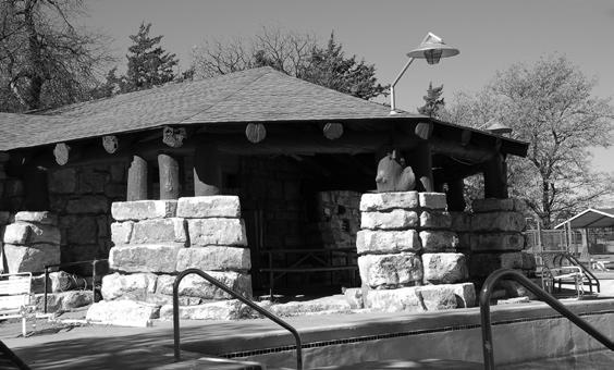 Through careful design and the use of native stone and roughhewn timbers, this building blends into the site. The whitishgray stone used by the CCC throughout this park is dolomite.